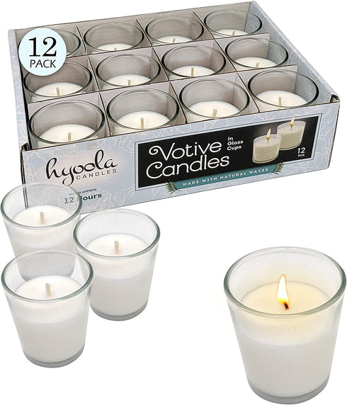 White Votive Candles - 12 Pack - Clear Glass Cups, Unscented, Long 12 Hour Burn Time - for Party Decorations, Birthday, Wedding and Dinner Centerpieces - Hyoola