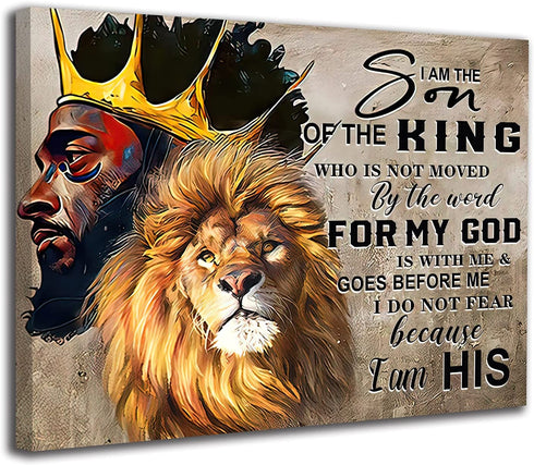 Africa America Wall Art Black King and Lion Wall Art I Am The Son Of The King Poster Black King Canvas Poster African King Man and Lion Poster for Bedroom Office Wall Decorations 24x16inch No Frame