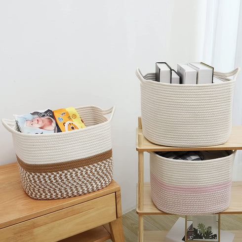 ABenkle Medium Rope Storage Basket, Soft Cotton Woven Baby Girl Basket, Rectangle Baskets Shelves Closet Organizer for Cloth, Toys, Diapers, Decorative Organizing Baskets for Nursery
