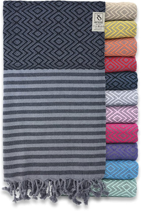 Ray Silver Premium Turkish Beach Towel 100% Cotton-Quick Dry Turkish Bath Towel 71?x40?(100x180 cm)-Prewashed Peshtemal Blanket-Thin Light Weight Travel SPA Pool Bath Beach Gym Pool (Black/Grey)