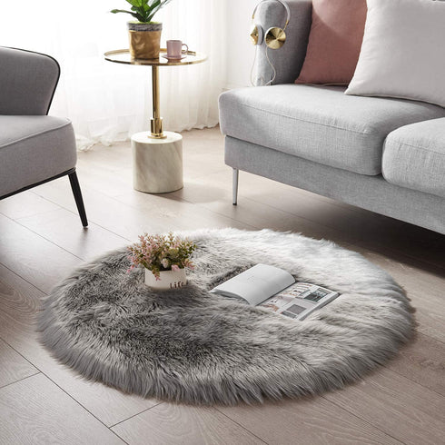 SERISSA Ultra Soft Round Faux Sheepskin Fur Area Rug, Grey Circular Shaggy Rug, Round Fluffy Rugs Plush Circle Floor Carpet for Bedroom Kids Room Floor Decor, 3ft Diameter (Light Grey)