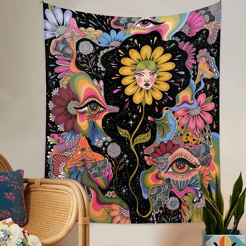 Large Mushroom Hippie Tapestry For Teen Bedroom Wall Hanging Aesthetic Tapestry Star Sparkler Room Décor (50''* 60''(130*150cm), Sunflower Girl)