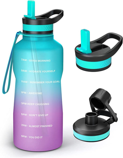 64oz Half Gallon Water Bottle with Time Marker, BUZIO Water Jug with Spout & Straw lid, BPA Free 1/2 Gallon Water Bottle with Straw & Handle for Fitness Outdoor, Ombre Green Pink Purple