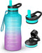 64oz Half Gallon Water Bottle with Time Marker, BUZIO Water Jug with Spout & Straw lid, BPA Free 1/2 Gallon Water Bottle with Straw & Handle for Fitness Outdoor, Ombre Green Pink Purple