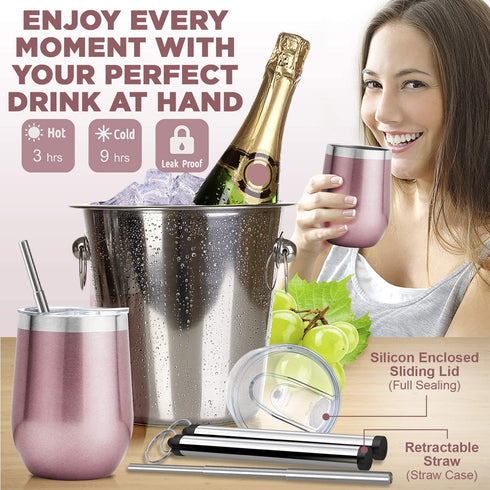 Carpe 12 oz Stemless Insulated Wine Glass Tumbler with Sliding Lid and Straw, Spill Proof Stainless Steel Double-Wall Wine Tumbler Cups for Champaign, Cocktail, Coffee, Drinks, Set of 2 (Rose Gold)