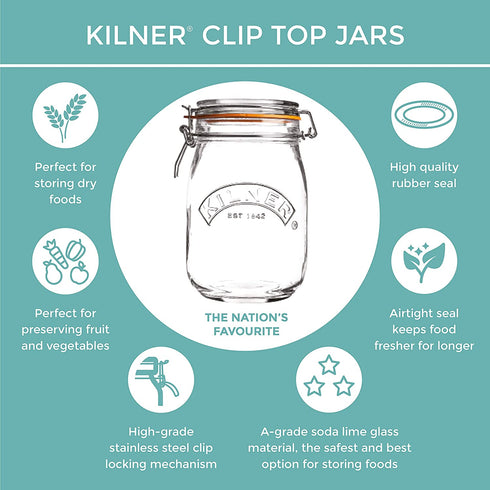 Kilner Square Clip Top Jar, Durable Glass Container with Airtight Seal for Home-canning, Preserving, and Storing, 17-Fluid Ounces