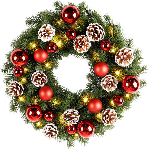 Lulu Home Christmas Front Door Wreath, 15.7" Pre-lit Wreath with Christmas Balls and Pine Cone, Battery Operated 40 LED Light Up Xmas Wreath Decorative Hanging Ornament