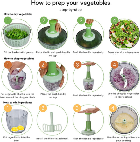 Brieftons Salad Spinner and Chopper: Large 6.3-Quart Lettuce Greens Vegetable Washer Dryer, with Bonus 0.95-Quart Veggie Chopper Mixer, Compact Storage, Easy Push Operation for Quick Veggie Prepping