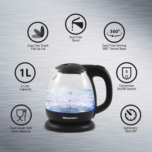 Elite Gourmet EKT1001B Electric BPA-Free Glass Kettle, Cordless 360° Base, Stylish Blue LED Interior, Handy Auto Shut-Off Function Quickly Boil Water for Tea & More, 1L, Graphite Black