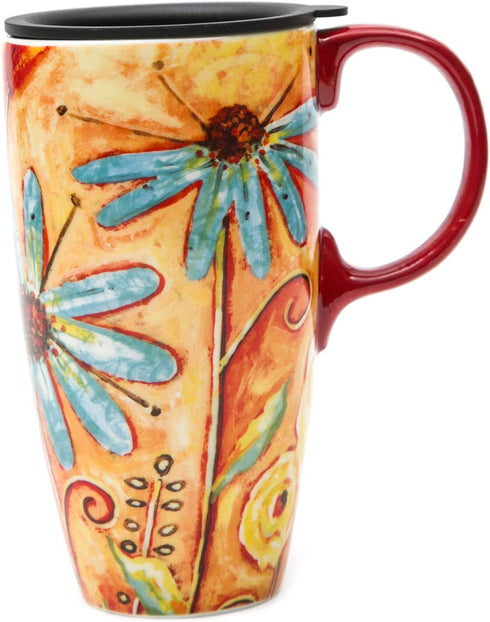 CEDAR HOME Coffee Ceramic Mug Porcelain Latte Tea Cup With Lid 17oz. Orange Flower