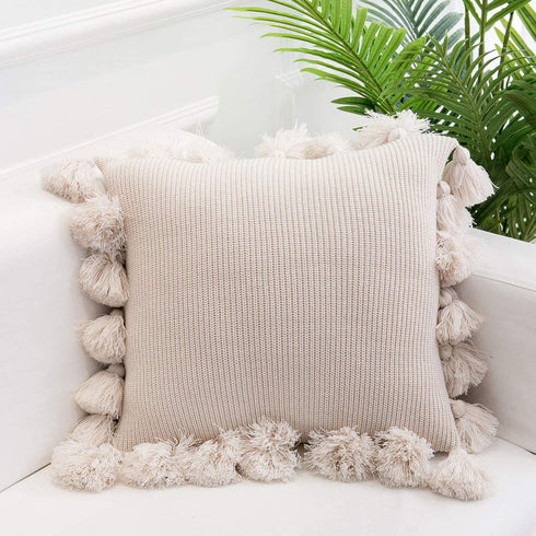 Famibay Knitted Pillow Covers with Pompoms Tassel Boho Striped Cable Knit Throw Pillow Cases Decorative Pillow Cushion Cover Set for Home Sofa Couch Bed 18 x 18 Beige