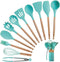Silicone Kitchen Cooking Utensils Set with Wooden Bamboo Handles (11 Piece) | BONUS Cup | Durable Cookware Tools | BPA-Free, Non-Stick Safe, Non-Toxic | Include Tongs, Spatula, Turner, Ladle and More