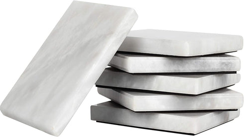 Coaster Set of 6 White Handmade Marble 3.5 Inch Bar Drink Cup Pad, Coffee Mug Square Coasters Set for Kitchen - Ideal Pot Drinks Tea Absorbent Coaster Plates