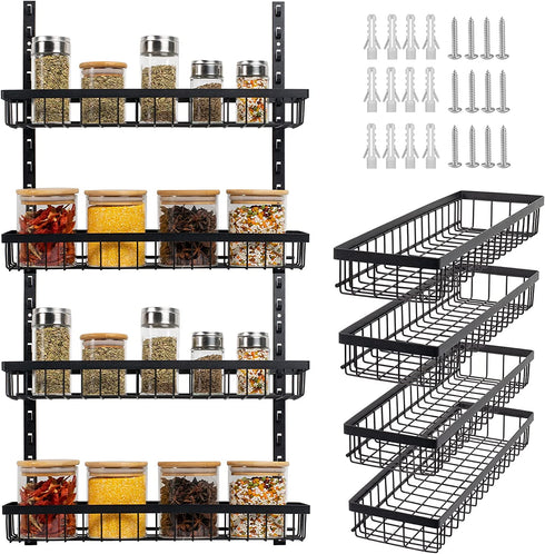 Spice Rack, Spice Rack Organizer Wall Mount, 4-Tier Stackable Hanging Spice Rack, Spice Shelf Storage, Floating Shelves Storage for Spice, Adjustable Spice Holder for Kitchen Bathroom Cabinet Pantry