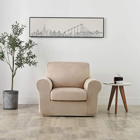 maxmill Velvet Stretch Chair Sofa Slipcovers 2 Pieces Armchair Covers Couch Slipcover with Individual Cushion Cover Plush Sofa Cover Furniture Protector with Elastic Bottom, Armchair, Taupe