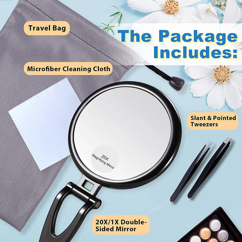 6 Inch 20X Magnifying Mirror, Hand Mirrors with Handle, Portable Travel Mirror for Women, Foldable, Handheld, Double Sided, Black