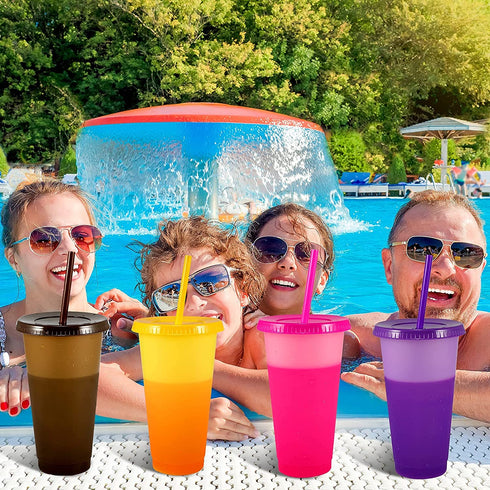 Color Changing Tumblers Cups with Lids & Straws - 7 Reusable Bulk Tumblers Plastic Cold Tumbler Cup Set for Adults Kids | 24oz Tumbler with Straw