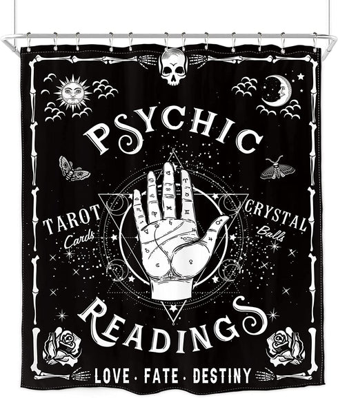Homewelle Gothic Psychic Goth Shower Curtain 60Wx72L Inch Spooky Moth Tarot Halloween Ouija Hands Palmistry Reading Witch Cool Palm Hippy Mysterious Whimsy Edgy Polyester Fabric Bathtub Bathroom Decor
