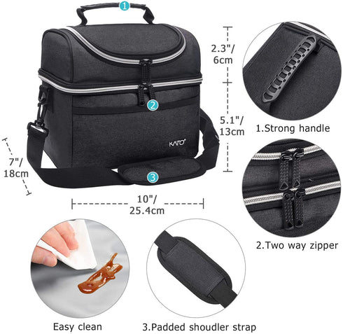 Insulated Lunch Bag, Leakproof Thermal Bento Cooler Tote for Women and Men, Dual Compartment with Shoulder Strap, 10.1" x 6.5" x 8.3", Black