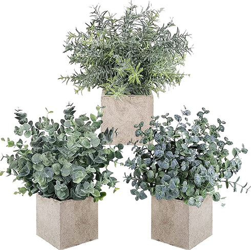 Auelife Artificial Plants 3PCS 9-10IN Mini Potted Plants, Fake Eucalyptus / Glossy Grass / Pale Grass Plants (Square Pot) Faux Lifelike Flower Greenery Decor for Home Office Farmhouse Bathroom
