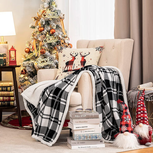 HBlife Sherpa Buffalo Plaid Christmas Throw Blanket for Couch 50X60 Inches, Super Cozy Fuzzy Fleece Warm Plush Holiday Decorative Cabin Blankets and Throws, Black and White