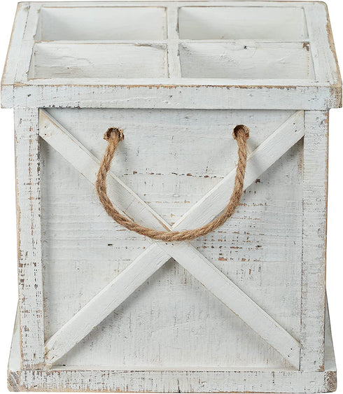 Barnyard Designs Rustic Wood Utensil Caddy with Napkin Holder - 4 Compartment Flatware, Silverware or Utensil Crock and Napkin Slot, Farmhouse Kitchen Decor, White, 7.75" x 7.75 x 6.75" (White/White)