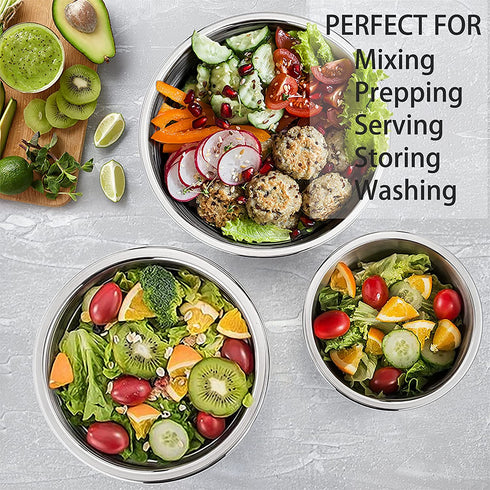 Mixing Bowls with Red Lids Set, P&P CHEF Stainless Steel Mix Nested Bowl for Salad Fruits Egg Cream Mixing, Size 4.6, 3, 1.5, 1, 0.7 QT, Refrigerator & Dishwasher Safe