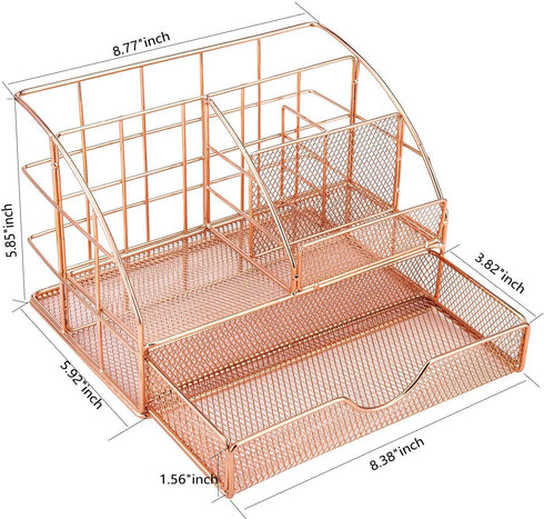 Upgraded Desk Organizer for Women, Cute Mesh Office Supplies Accessories Essentials Caddy with Drawer for Home & Office Desktop Organization & Decor, Rose Gold