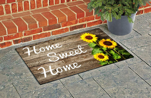 Sunflower Welcome Doormat, 17 X 29 Inch Wood Background Flower Spring Summer Decorative Home Sweet Home Entrance Rug Door Mat Rubber Backing Non-Slip Floor Mat for Kitchen Bathroom