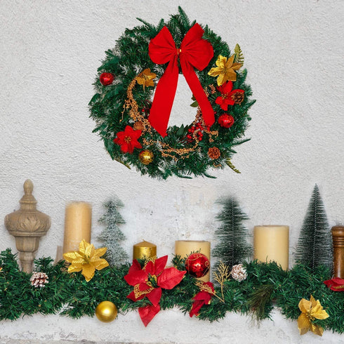 FUNARTY 22 Inches Christmas Wreath with Lights Poinsettia Golden Berries and Bowknot for Front Door Winter Christmas Indoor Outdoor Holiday Decor