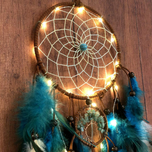 Dream Catcher Blue Tree of Life with Feathers, Mobile LED Fairy Lights Handmade Indians Traditional Circular Net for Wall Hanging Decor, Bedroom Kids, Home Decoration Wedding Party Blessing Gift