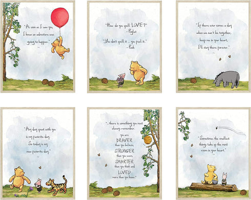 HerZii Prints Classic Winnie The Pooh Wall Art Decorations Set of 6 8x10 inch - Nursery Playroom Home Decor - Baby Shower Decorations