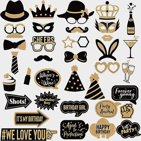 36 Pieces Gold Birthday Photo Booth Props, Large Gold Birthday Party Photobooth Props with Glitter for Girl Woman Birthday Parties Supplies (Black, Gold)