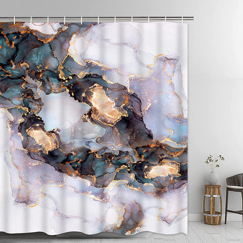Ikfashoni Marble Shower Curtain, Modern Abstract Shower Curtain with 12 Hooks, Fabric Luxury Bathroom Shower Curtain, Gold Geometric Shower Curtain, Purple Art Shower Curtain, 69" x 70"