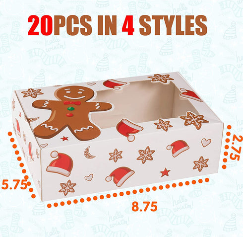 Funnlot Christmas Cookie Boxes Christmas Treats Container With Window 20PCS Christmas Treat Cookie Holiday Candy Box Christmas Baking Boxes Reindeer Santa Snowman Gingerbread Cookie Boxes
