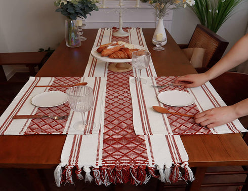 LEVIMETREE Moroccan Table Runner 14 X 72 in, Boho D©cor Washable Natural Burlap Table Runner, Tufted Tassels for Bohemian Wedding Bridal Shower Table Mat Rustic Farmhouse Dining Table D©cor, Red