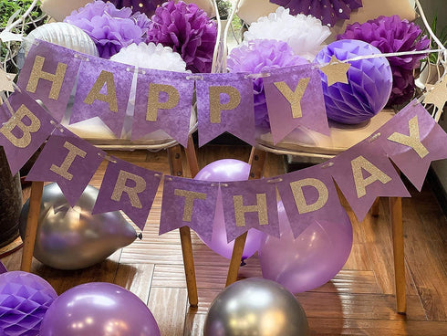 Birthday Party Decorations for Women Purple Silver Happy Birthday Banner Purple Silver Latex Balloons Polka Dot Paper Fans/Girl Purple Birthday Decorations for Women 30th/40th/50th/60th Purple Birthday Party Decorations