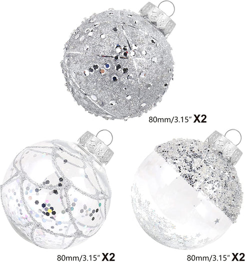 ISULIFE Christmas Ball Ornaments 80mm/3.15" Shatterproof Clear Large Plastic Christmas Tree Decoration, Delicate Hanging Ornaments for Xmas Party, Wedding, Holiday and Home Décor(6ct,Silver)