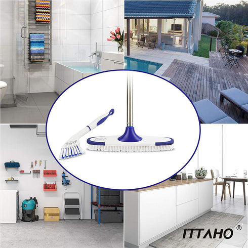 ITTAHO Scrub Brush with Long Handle,Grout Cleaner Brush and Small Cleaning Brush Set for Scrubbing Tile Marble Stone Bathroom Patio Garage Deck Floor Brush Cleaning