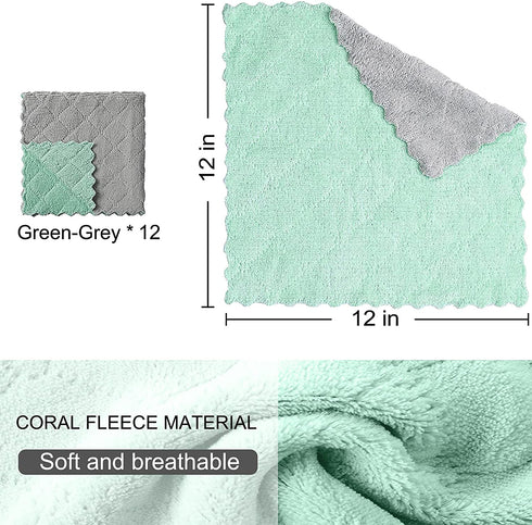 BUEDM Kitchen Dish Towels,Microfiber Cleaning Cloth for Dishes,Bathroom,Car,12 Pack Highly Absorbent Dry Quickly Double-Sided Multi-Purpose Coral Fleece Lint-Free Washcloths