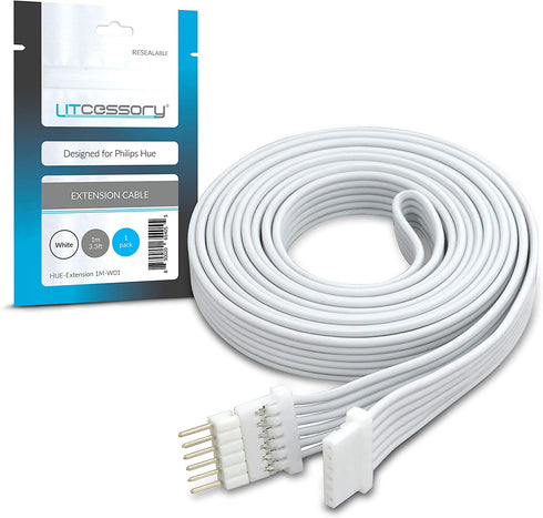 Litcessory Extension Cable for Philips Hue Lightstrip Plus (3.3ft, 1 Pack, White - MICRO 6-PIN V4)