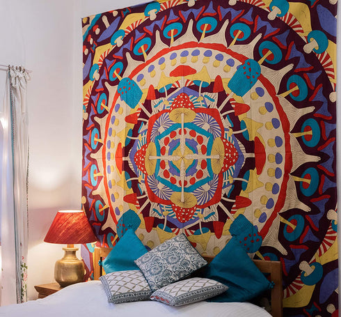 SheetKart Mushroom Kaleidoscope Mandala Tapestry Wall Hanging, Indian Cotton Printed Wall Art, Wall Décor Tapestries, Beige, Large