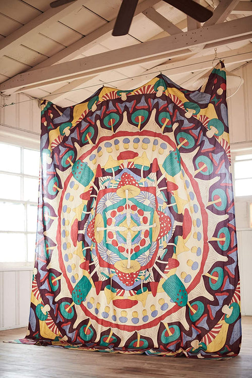 SheetKart Mushroom Kaleidoscope Mandala Tapestry Wall Hanging, Indian Cotton Printed Wall Art, Wall Décor Tapestries, Beige, Large