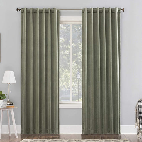 Sun Zero Hampshire Velvet Noise Reducing Thermal Extreme 100% Blackout Back Tab Curtain Panel, 50 in x 84, Moss Green