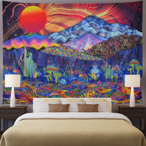 Trippy Tapestry Mountain Tapestry Psychedelic Sun Tapestry Colorful Mushroom Tapestry Hippie Waves Abstract Wall Tapestry for Bedroom Living Room