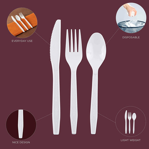 White Plastic Silverware | Heavy Duty & Solid Cutlery Disposable Utensils Set | Perfect for Weddings, Buffets, Luncheon & More | 180 Forks, 120 Spoons & 60 Knives Combo Pack | 360 Count
