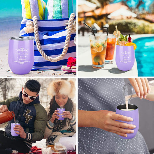 Wine Tumbler Gifts for Women, Purple Birthday Gifts for Women Friends, Stainless Steel Insulated Stemless Wine Tumbler Glass with Lid Socks