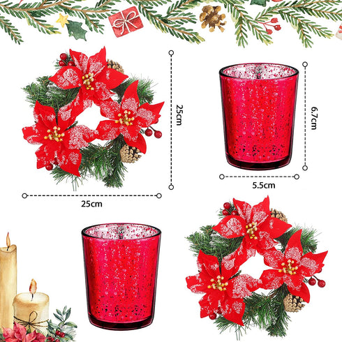 2 Pcs 10 Inch Christmas Poinsettia Candle Holder Centerpiece Red Poinsettia Christmas Candle Rings with 2 Pcs Christmas Candle Holders Glass for Home Party Christmas Table Mantel Decorations(Red)