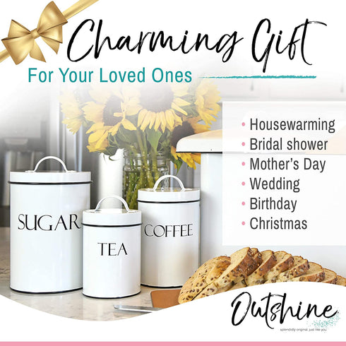 Outshine White Farmhouse Nesting Kitchen Canisters (Set of 3) | Kitchen Canister Set Perfect for Coffee, Tea, Sugar | Coffee Bar Accessories | Gift for Housewarming, Birthday, Wedding, Bridal Shower