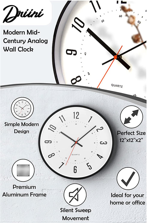 Driini Modern Mid Century Analog Wall Clock (12") Large, Easy to Read Numbers; Black Metal Frame Battery Operated with Silent Sweep Hands Contemporary Decor for Office, Living Room, or Kitchen